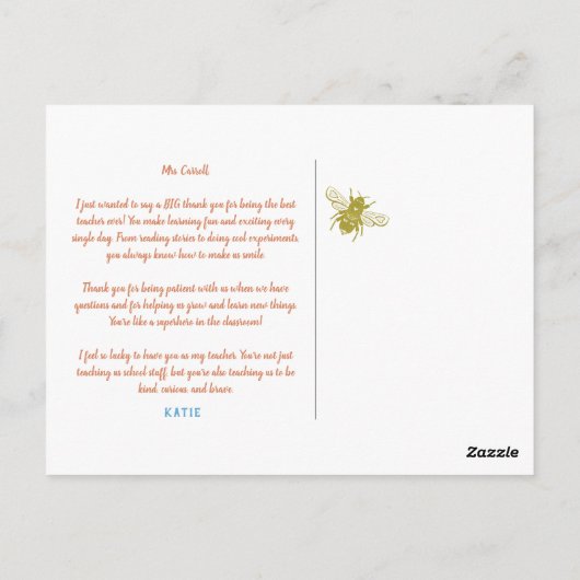 Schattigee Bumble Bee Dank u waardering Briefkaart (Achterkant)