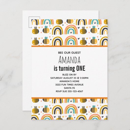 Schattigee Bumble Bee en Rainbows Pattern Verjaard Uitnodiging Briefkaart (Voorkant / Achterkant)
