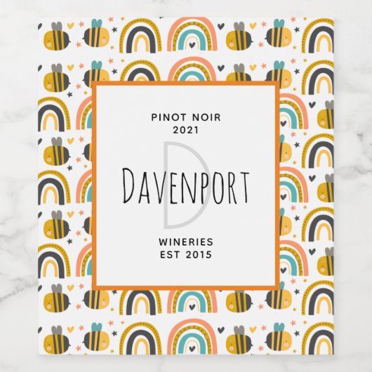Schattigee Bumble Bee en Rainbows Pattern Winery Wijn Etiket (Enkel label)