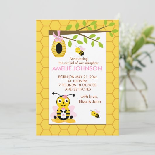 Schattigee Bumble Bee Girl Baby Geboorteaankondigi Aankondiging (Staand voorkant)