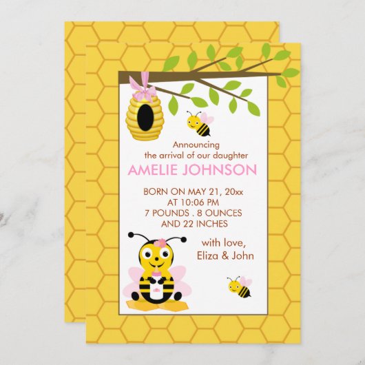 Schattigee Bumble Bee Girl Baby Geboorteaankondigi Aankondiging (Voorkant / Achterkant)