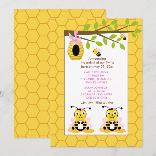 Schattigee Bumble Bee Twins Meisje Baby Geboorteaa Aankondiging (Voorkant / Achterkant)
