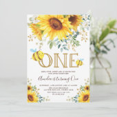 Schattigee Bumble Bee Zonnebloem Zomer 1e Verjaard Kaart (Staand voorkant)