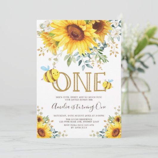 Schattigee Bumble Bee Zonnebloem Zomer 1e Verjaard Kaart (Staand voorkant)