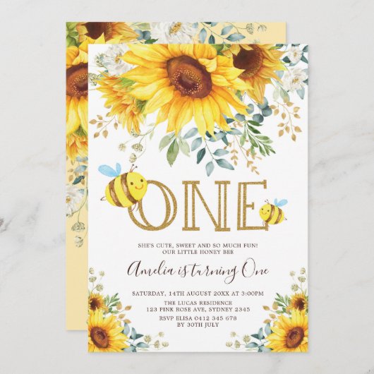 Schattigee Bumble Bee Zonnebloem Zomer 1e Verjaard Kaart (Voorkant / Achterkant)