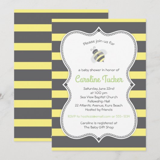 Schattigee Bumblebee Stripes Baby shower Uitnodigi Kaart (Voorkant / Achterkant)