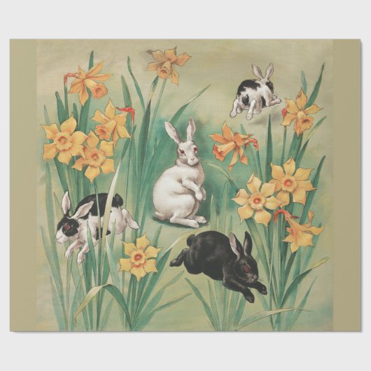 Schattigee Bunnies met Daffodil Flowers Antiek Pas Cadeaupapier (Vlak)