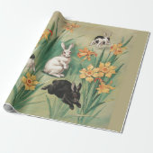 Schattigee Bunnies met Daffodil Flowers Antiek Pas Cadeaupapier (Uitgerold)