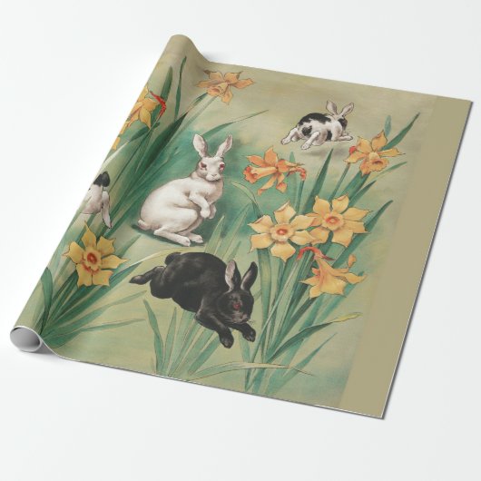 Schattigee Bunnies met Daffodil Flowers Antiek Pas Cadeaupapier (Uitgerold)