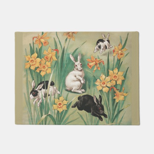 Schattigee Bunnies met Daffodil Flowers Antiek Pas Deurmat (Voorkant)