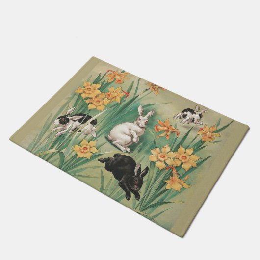 Schattigee Bunnies met Daffodil Flowers Antiek Pas Deurmat (Schuin)