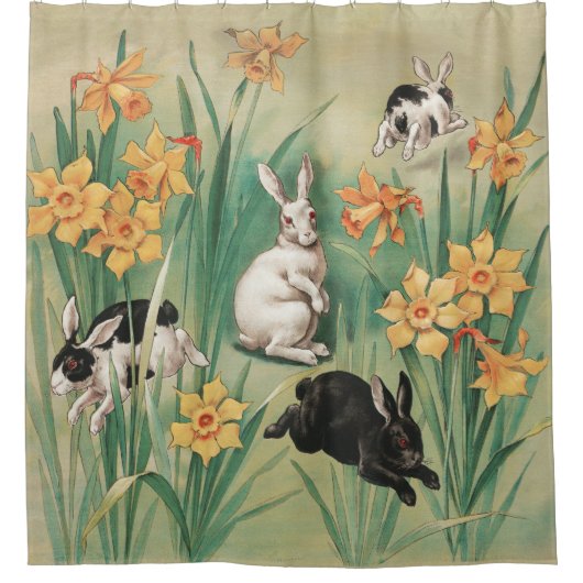 Schattigee Bunnies met Daffodil Flowers Antiek Pas Douchegordijn (Voorkant)