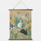 Schattigee Bunnies met Daffodil Flowers Antiek Pas Hangend Wandkleed (Voorkant)