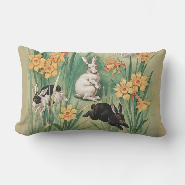 Schattigee Bunnies met Daffodil Flowers Antiek Pas Kussen (Voorkant)