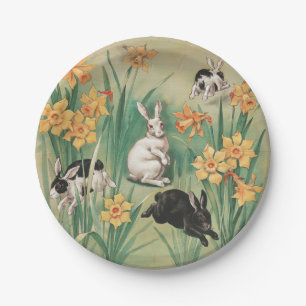 Schattigee Bunnies met Daffodil Flowers Antiek Pas Papieren Bordje