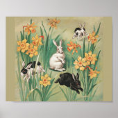Schattigee Bunnies met Daffodil Flowers Antiek Pas Poster (Voorkant)