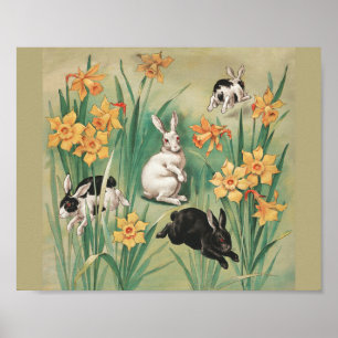 Schattigee Bunnies met Daffodil Flowers Antiek Pas Poster