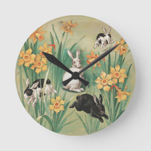 Schattigee Bunnies met Daffodil Flowers Antiek Pas Ronde Klok