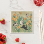 Schattigee Bunnies met Daffodil Flowers Antiek Pas Servet (Insitu)