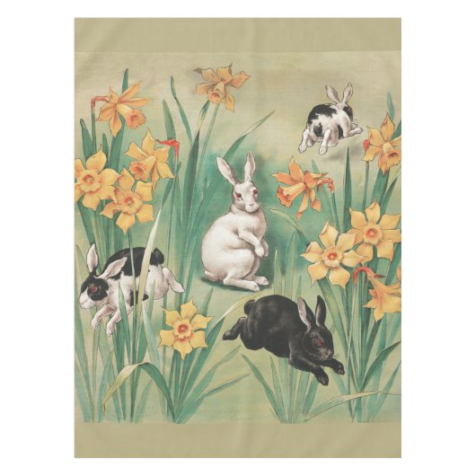 Schattigee Bunnies met Daffodil Flowers Antiek Pas Tafelkleed (Voorkant)