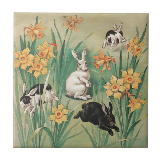 Schattigee Bunnies met Daffodil Flowers Antiek Pas Tegeltje (Voorkant)