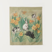 Schattigee Bunnies met Daffodil Flowers Antiek Pas Wandkleed (Voorkant)