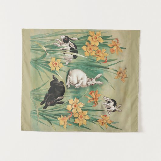 Schattigee Bunnies met Daffodil Flowers Antiek Pas Wandkleed (Voorkant (horizontaal))