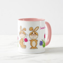 Schattigee Bunnies met Tulpen Pasen Custom Gift Mok