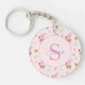 Schattigee Bunny Bee Pattern Monogram Naam Roze Sleutelhanger (Voorkant)