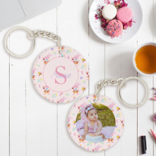 Schattigee Bunny Bee Pattern Monogram Naam Roze Sleutelhanger