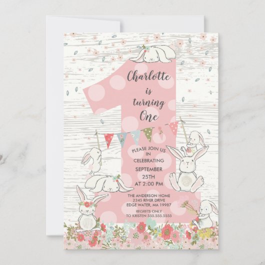 Schattigee Bunny Big One Girls Verjaardagsuitnodig Kaart (Voorkant)