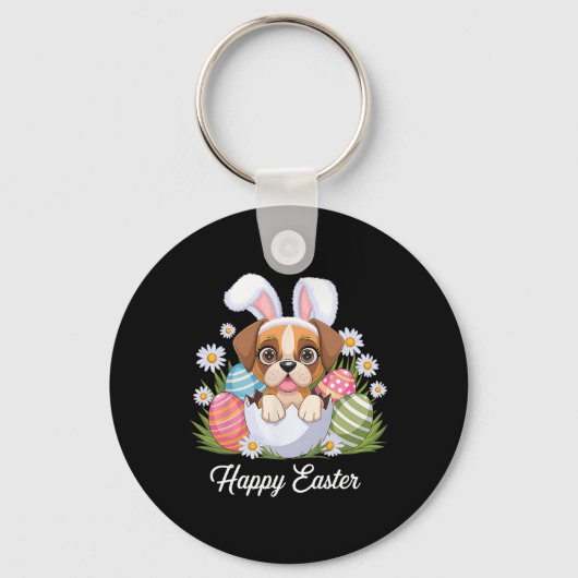 Schattigee Bunny Boxer Dog Floral Easter Eggs Bysk Sleutelhanger (Voorkant)