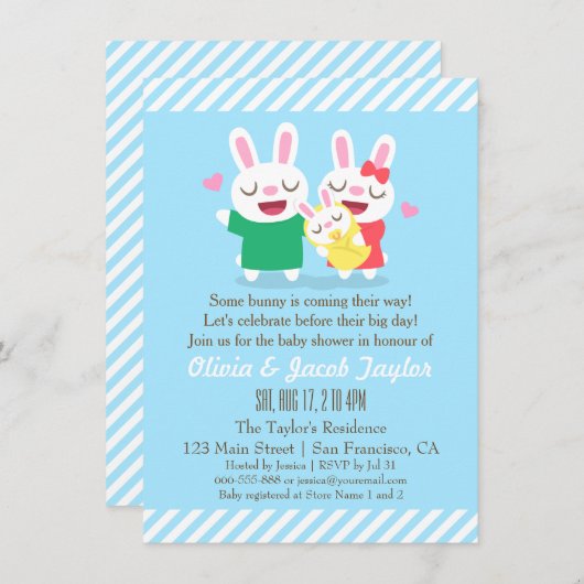 Schattigee Bunny Couple en Baby Shower Uitnodiging (Voorkant / Achterkant)