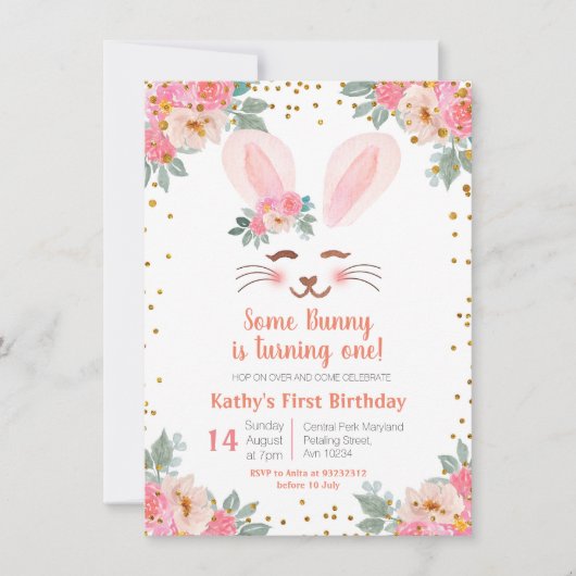 Schattigee Bunny eerste verjaardagsuitnodiging mei Kaart (Voorkant)