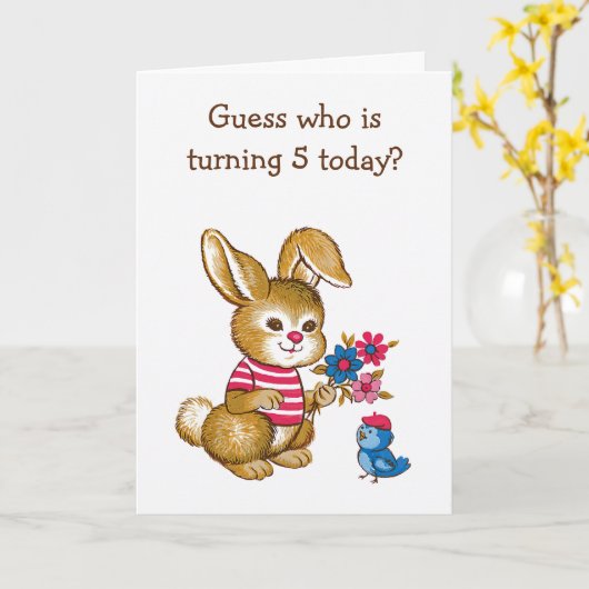 Schattigee Bunny en Bluebird Kinder Vijfde Verjaar Kaart (Gele Bloem)