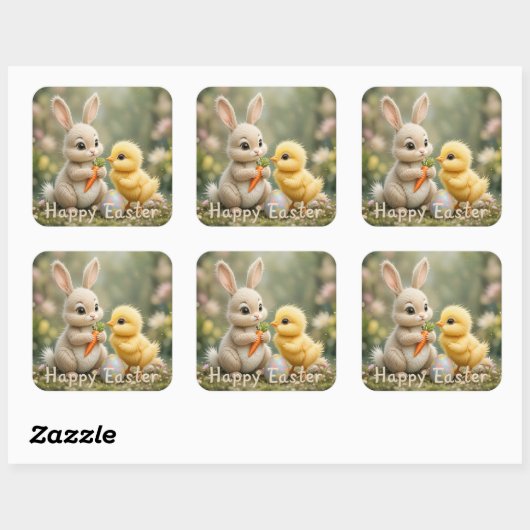 Schattigee Bunny en Chick Paasscène Vierkante Sticker (Vel)