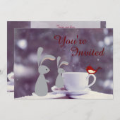 Schattigee Bunny en Tea Cup in de sneeuw 1e verjaa Kaart (Voorkant / Achterkant)