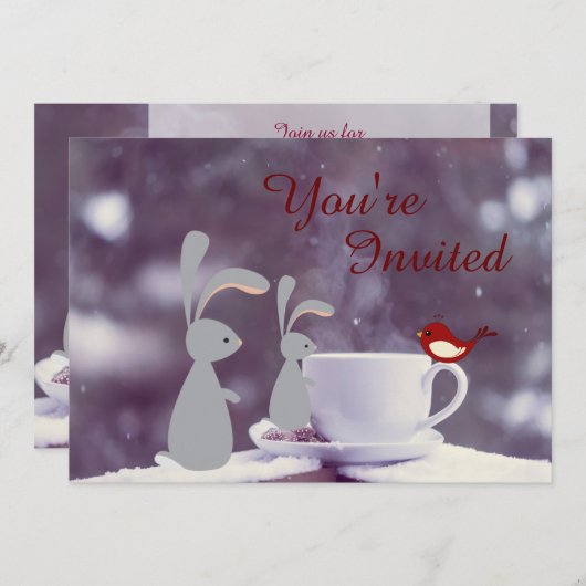 Schattigee Bunny en Tea Cup in de sneeuw 1e verjaa Kaart (Voorkant / Achterkant)