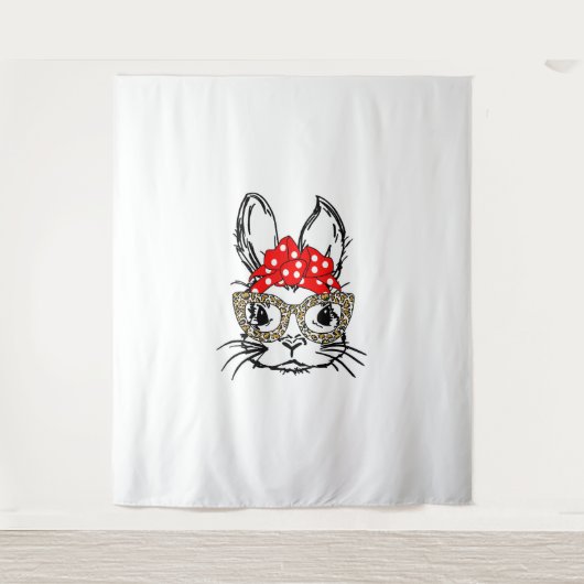 Schattigee Bunny Face Leopard Print Red Bandana Ra Wandkleed (Voorkant)