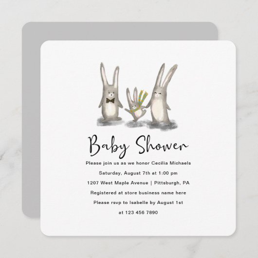 Schattigee Bunny Family Baby shower Uitnodiging (Voorkant / Achterkant)