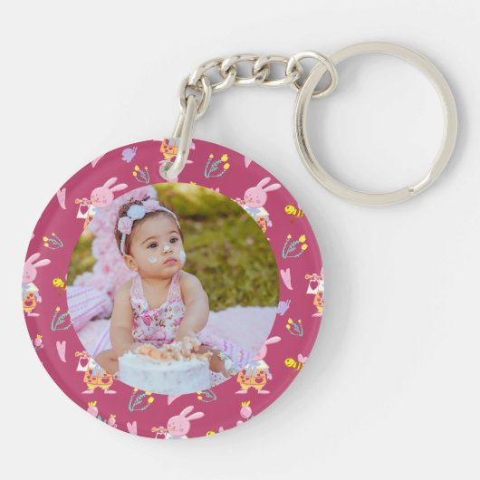 Schattigee Bunny Floral Pattern Monogram Foto Mage Sleutelhanger (Achterkant)
