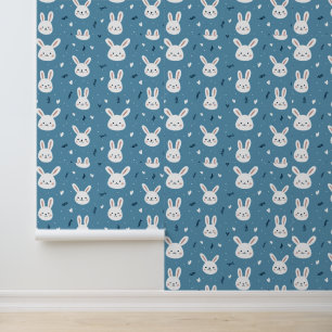 Schattigee Bunny Gezichten op Blue Pattern Behang