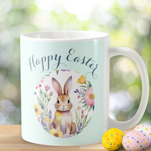 Schattigee Bunny Happy Easter Bloemen Gepersonalis Koffiemok