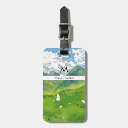 Schattigee Bunny in Mountain Uitzicht Personaliser Bagagelabel (Voorkant verticaal)