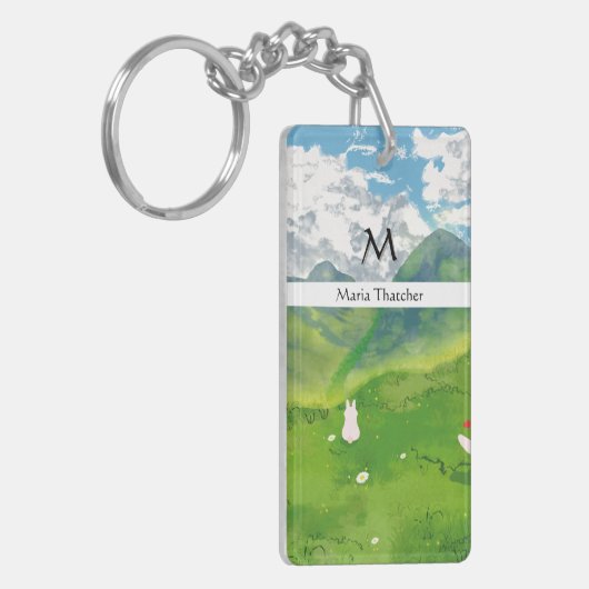 Schattigee Bunny in Mountain Uitzicht Personaliser Sleutelhanger (Voorkant Links)