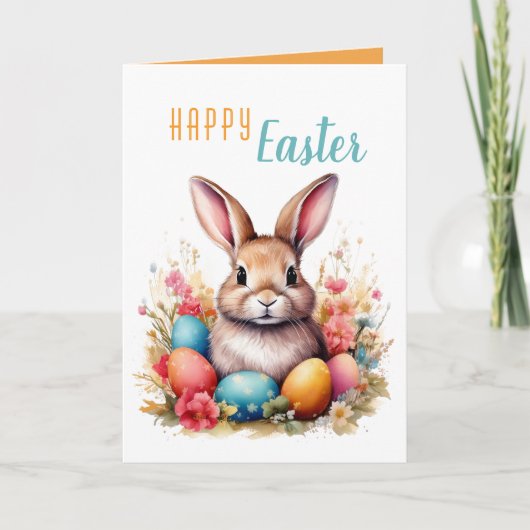 Schattigee Bunny Kleurrijke Eieren Bloemen Happy E Feestdagen Kaart (Voorkant)