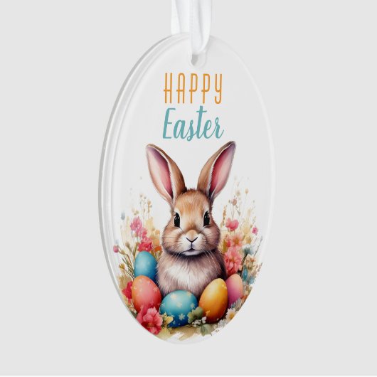 Schattigee Bunny Kleurrijke Eieren Bloemen Happy E Ornament (voorkant)