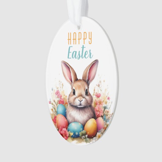 Schattigee Bunny Kleurrijke Eieren Bloemen Happy E Ornament (voorkant)