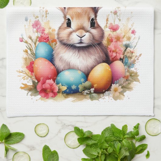Schattigee Bunny Kleurrijke Eieren Bloemen Happy E Theedoek (Gevouwen)