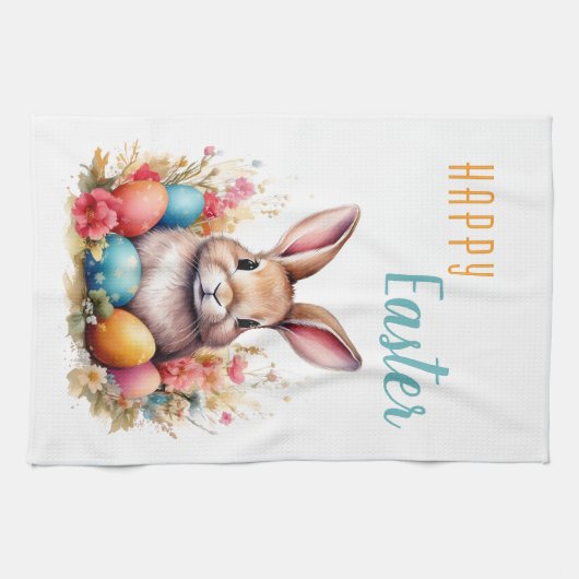 Schattigee Bunny Kleurrijke Eieren Bloemen Happy E Theedoek (Horizontaal)
